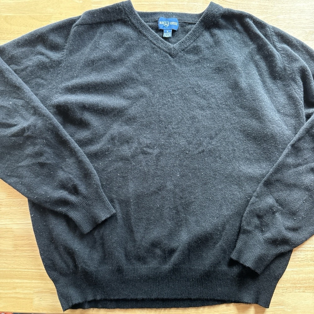 Alan Flusser XL 100% Cashmere Sweater V Neck Pullover Long Sleeve‎ Black